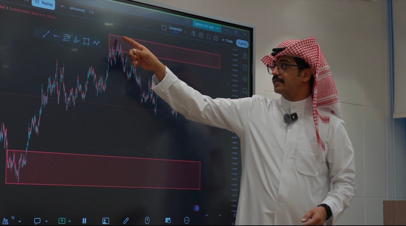 A trainer pointing at supply and demand zones on a live chart
